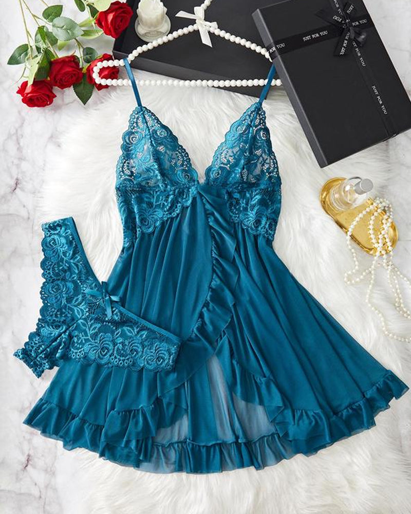Women's Lace Sexy Ruffle Suspender Nightdress and Panty Set