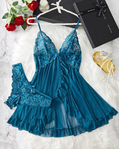 Women's Lace Sexy Ruffle Suspender Nightdress and Panty Set