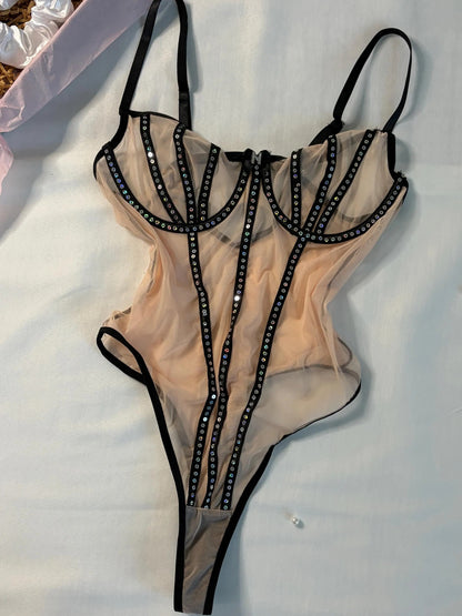 Sparkle & Mesh Rhinestone Backless Bodysuit