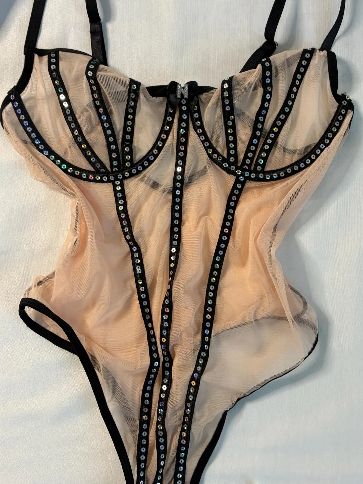 Sparkle & Mesh Rhinestone Backless Bodysuit