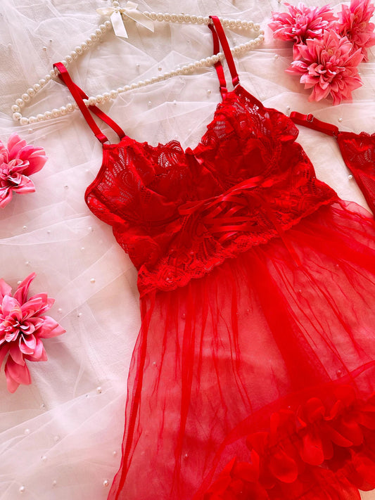 Red Lace Babydoll Lingerie Set ( Buy 2 Get 1 Free )