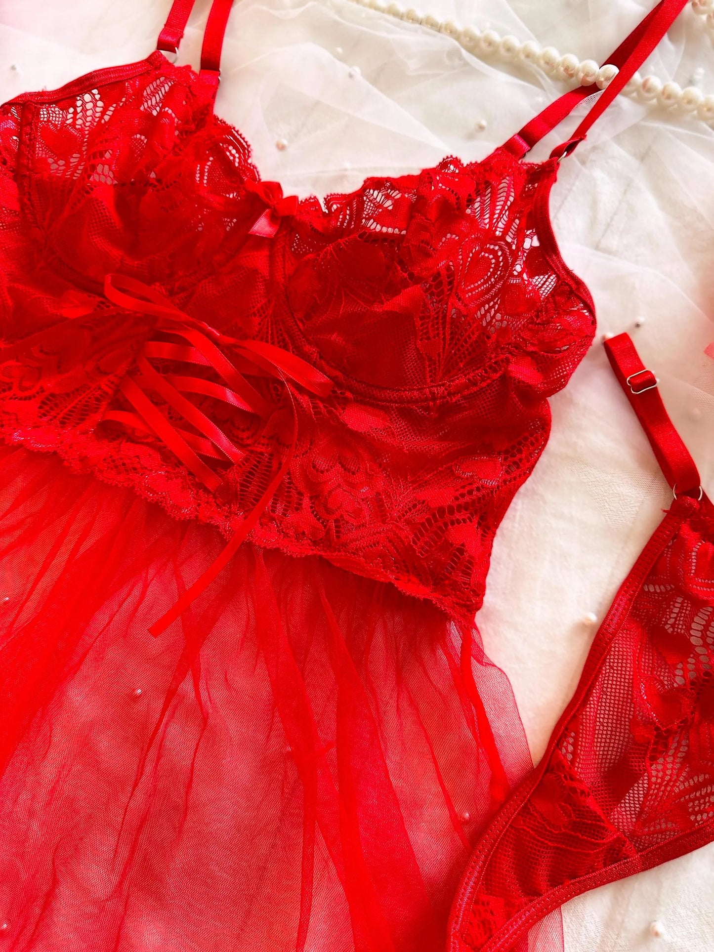 Red Lace Babydoll Lingerie Set ( Buy 2 Get 1 Free )