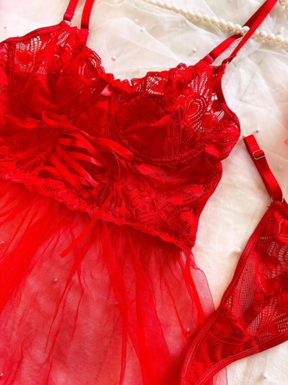 Red Lace Babydoll Lingerie Set ( Buy 2 Get 1 Free )