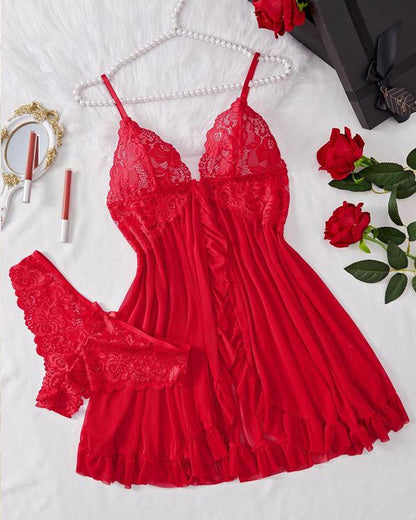 Women's Lace Sexy Ruffle Suspender Nightdress and Panty Set